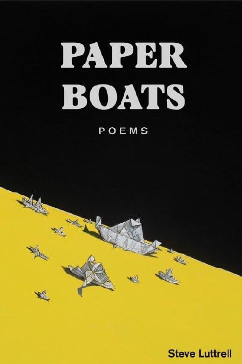 image represents folded paper boats in a yellow field with black sky